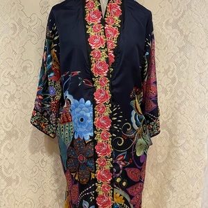 Johnny Was Dalamo Silk Multicolor Reversible Long Kimono, Size XS